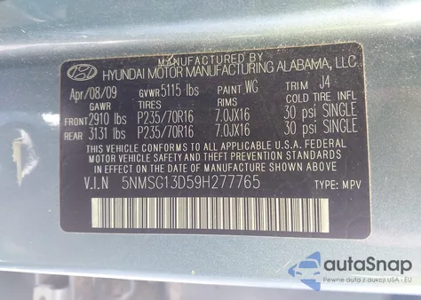 2009 Hyundai Santa Fe Gls z USA, uszkodzony, nr VIN 5NMSG13D59H277765